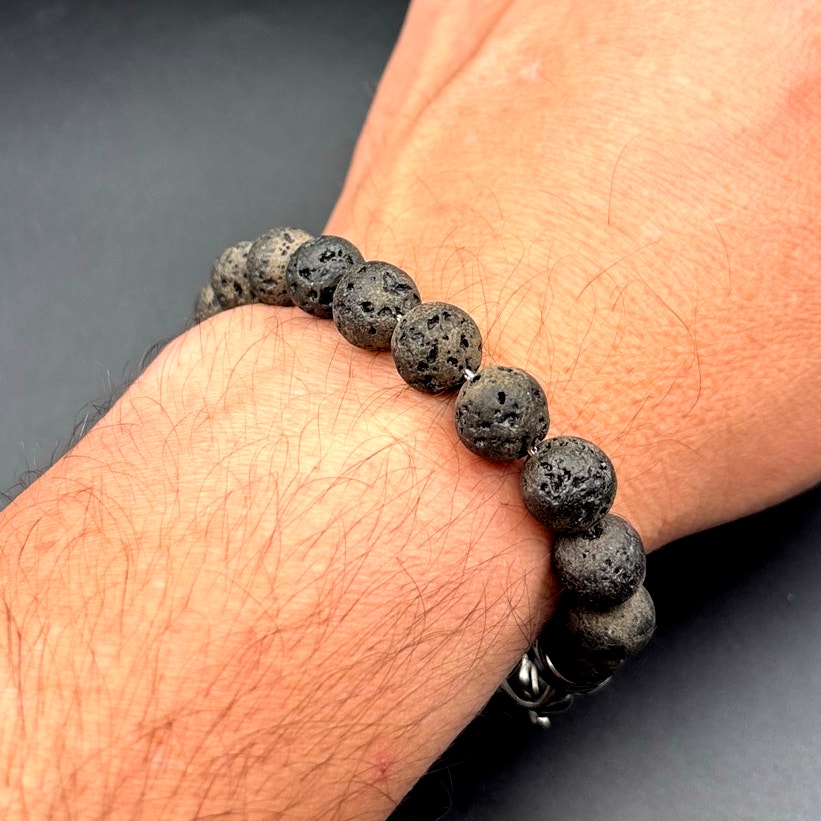 Blackjack Men’s 10mm Lava Stone Stainless Steel Beaded Bracelet NIBWT