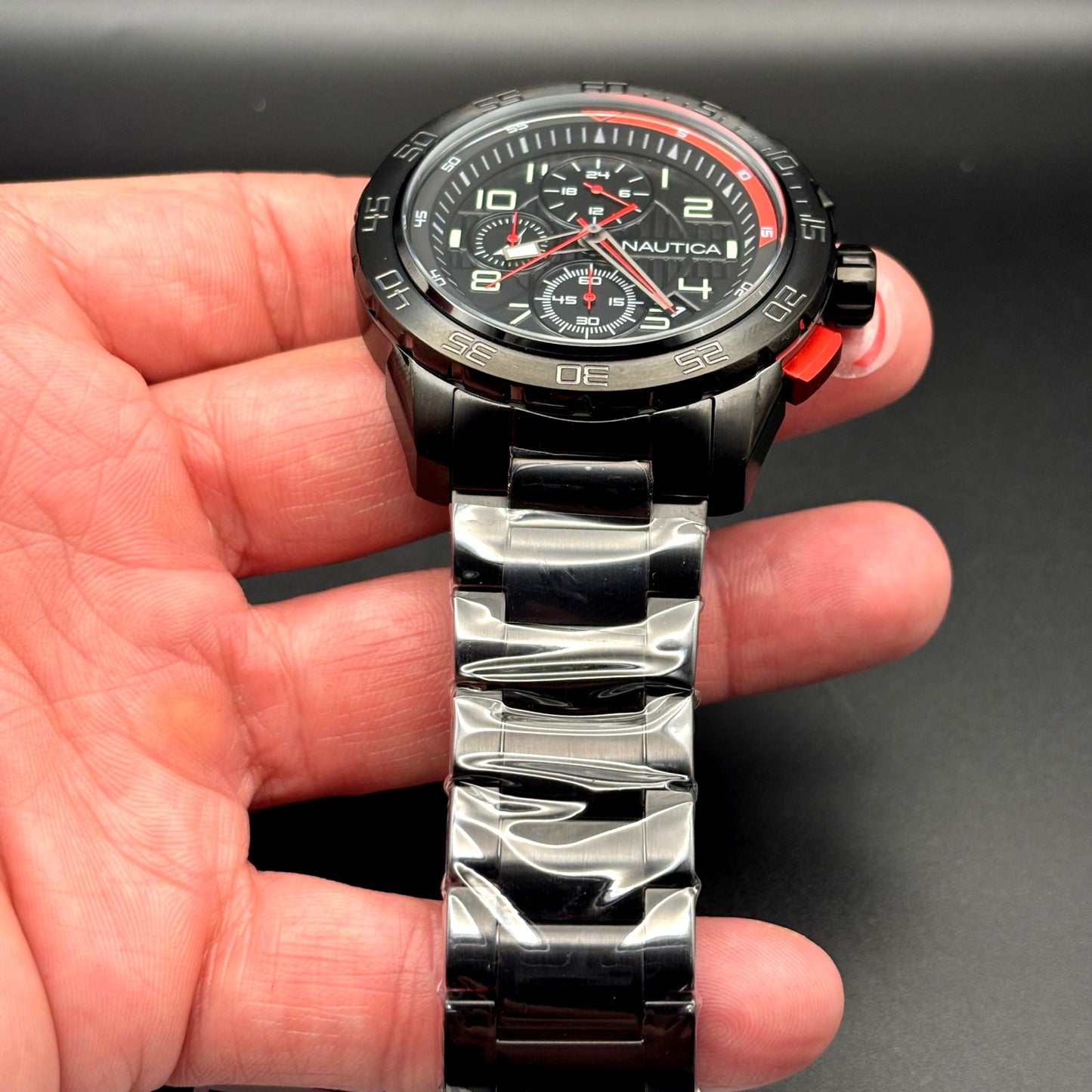 Nautica NAPNS305 Mens Chronograph Recycled Stainless Steel Bracelet Watch NIBWT