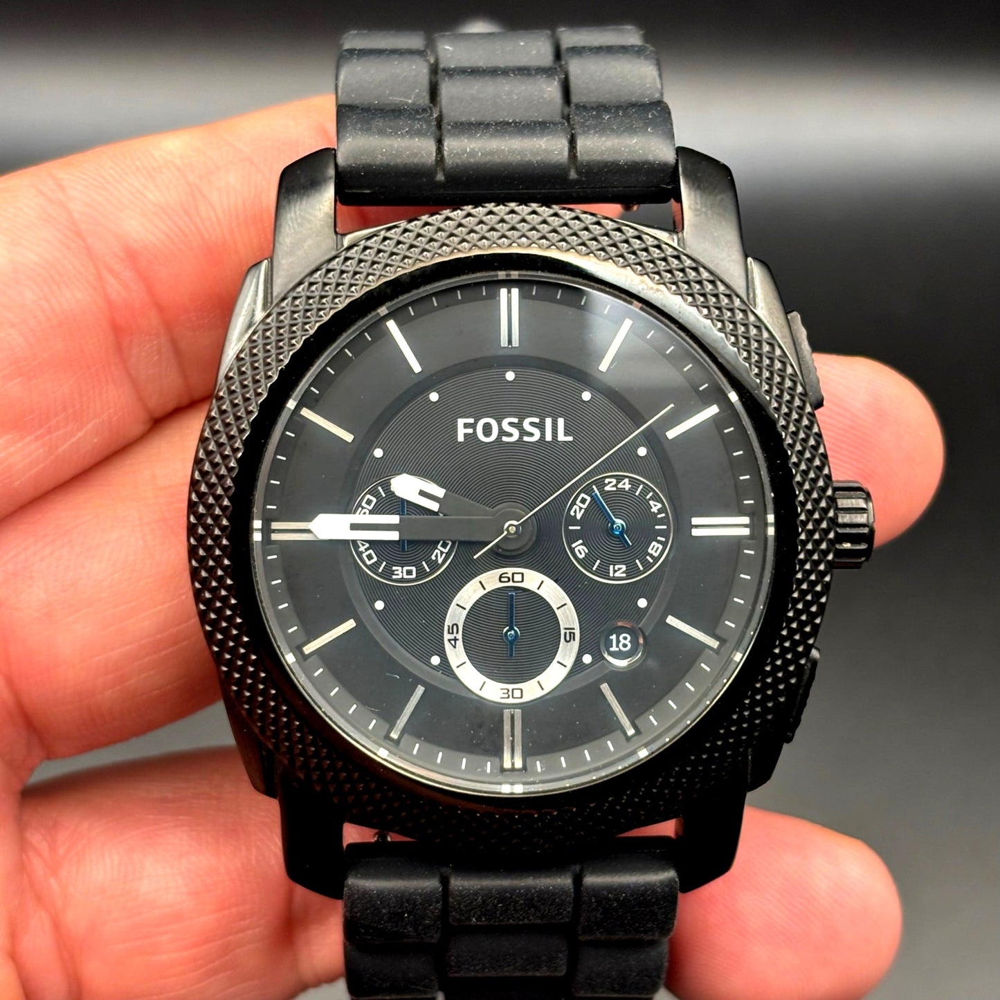 Fossil FS4487 Machine Chronograph Men’s Gunmetal Black Silicone Strap Watch