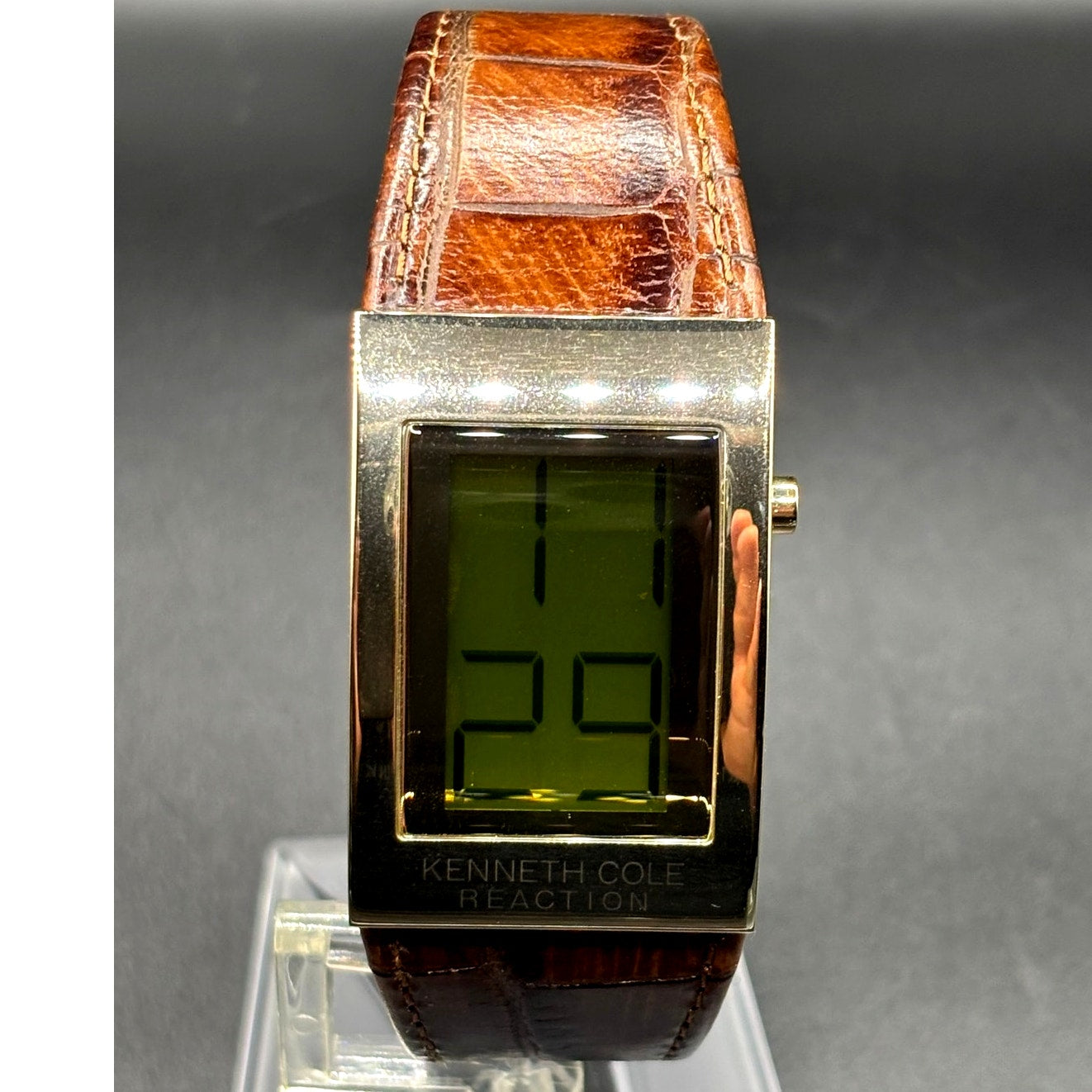 Kenneth Cole Reaction KC1398 Digital Gold Tone Brown Embossed Leather Watch Y2K