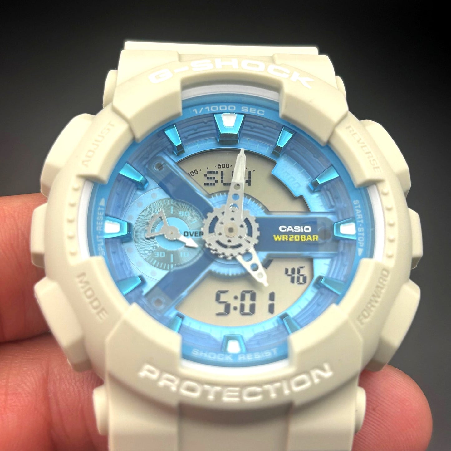 Casio G-Shock GA110AS-5A Men’s Beige Resin Blue Dial Analog Digital Watch NIBWT