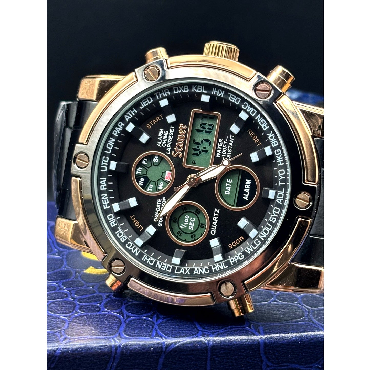 Stauer 52318 Due Volta Chronograph Men's Watch 48mm Rose Gold Black Steel NIB