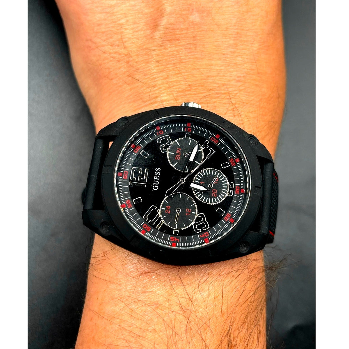 Guess Dash W1256G1 Men’s 46mm Black Multifunction Quartz Watch Red Accents
