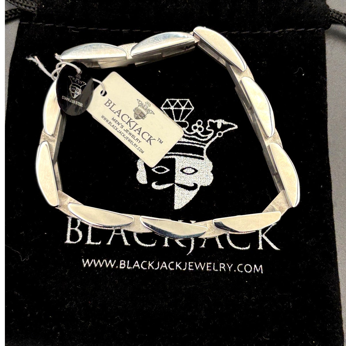Blackjack BJB49T Men's Curved Link Stainless Steel Bracelet Cubic Zirconia NIBWT