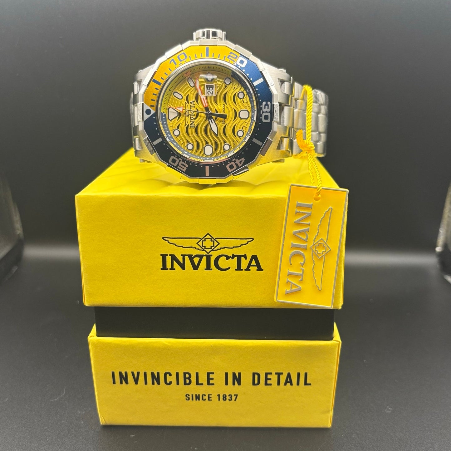 Invicta 47844 Pro Diver Wave Scuba Yellow Dial Blue Bezel Steel Alum Men's Watch