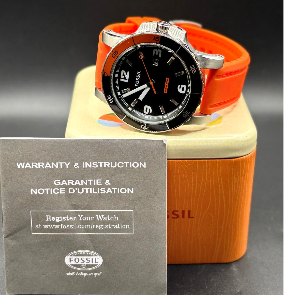Fossil Sport AM4259 Dive Style Orange Silicone Strap Men’s Watch 46mm 10 ATM NIB