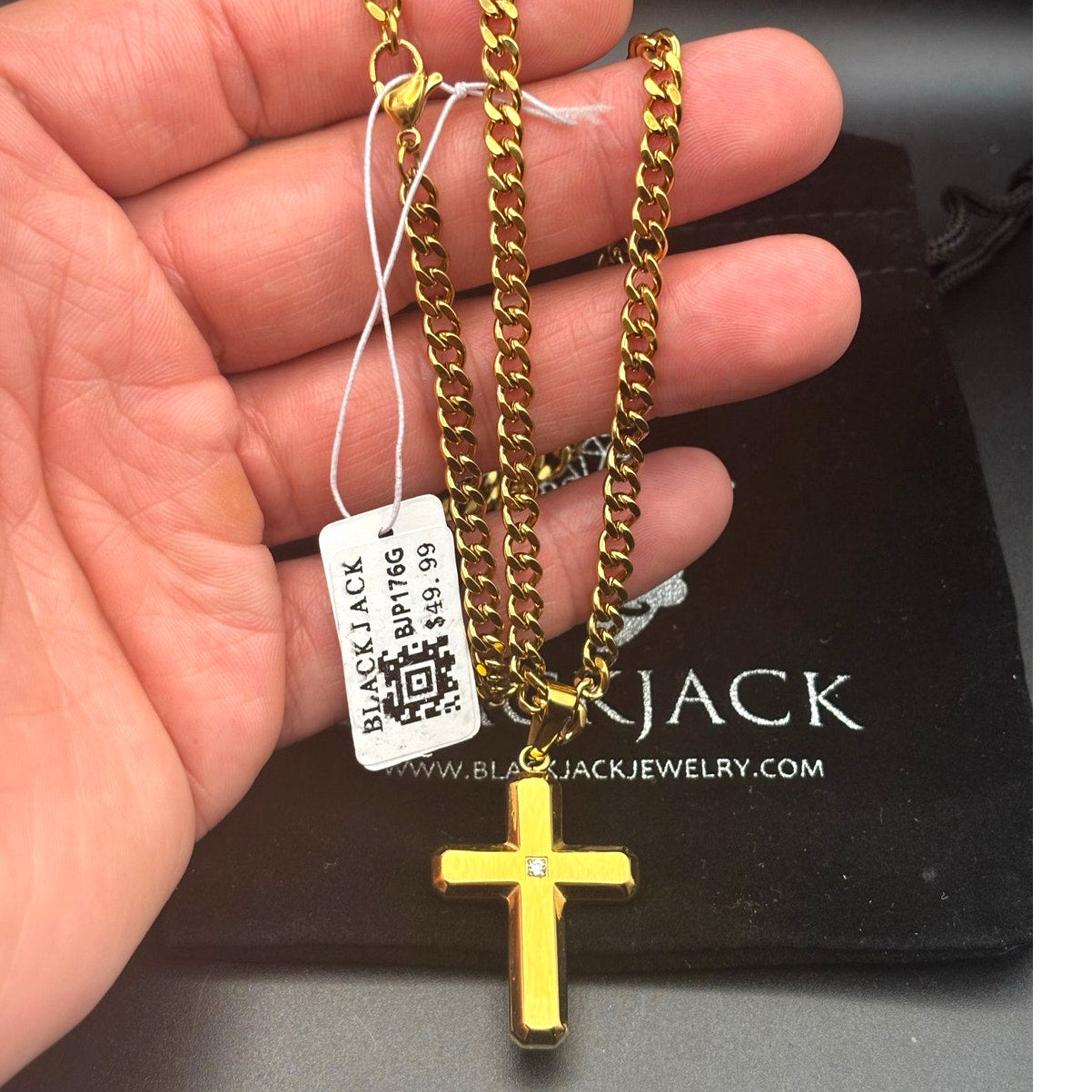 Blackjack BJP176G Mens Gold Stainless Steel Cross Pendant Necklace With CZ NIBWT