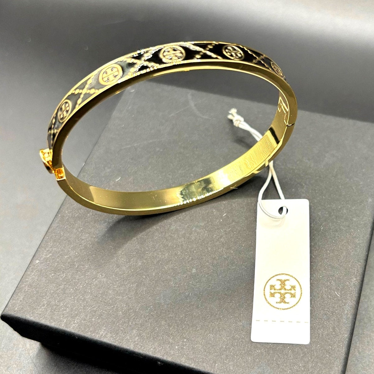 Tory Burch Icon Double T Black Gold Tone Hinged Women’s Bracelet NWT