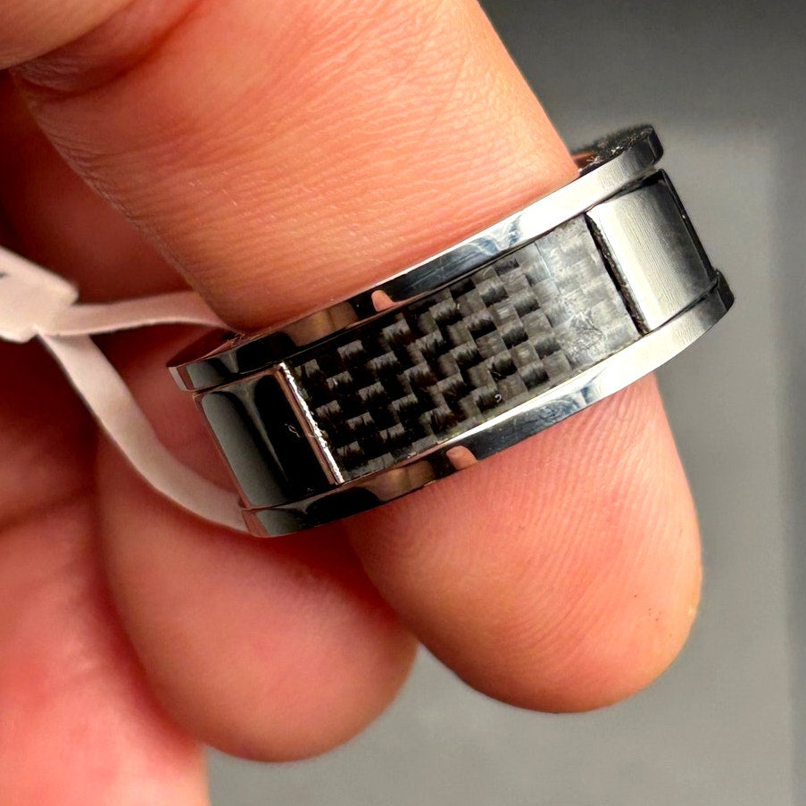 Blackjack BJR89W Men’s Stainless Steel Carbon Fiber Double Curb Link Ring SZ#10