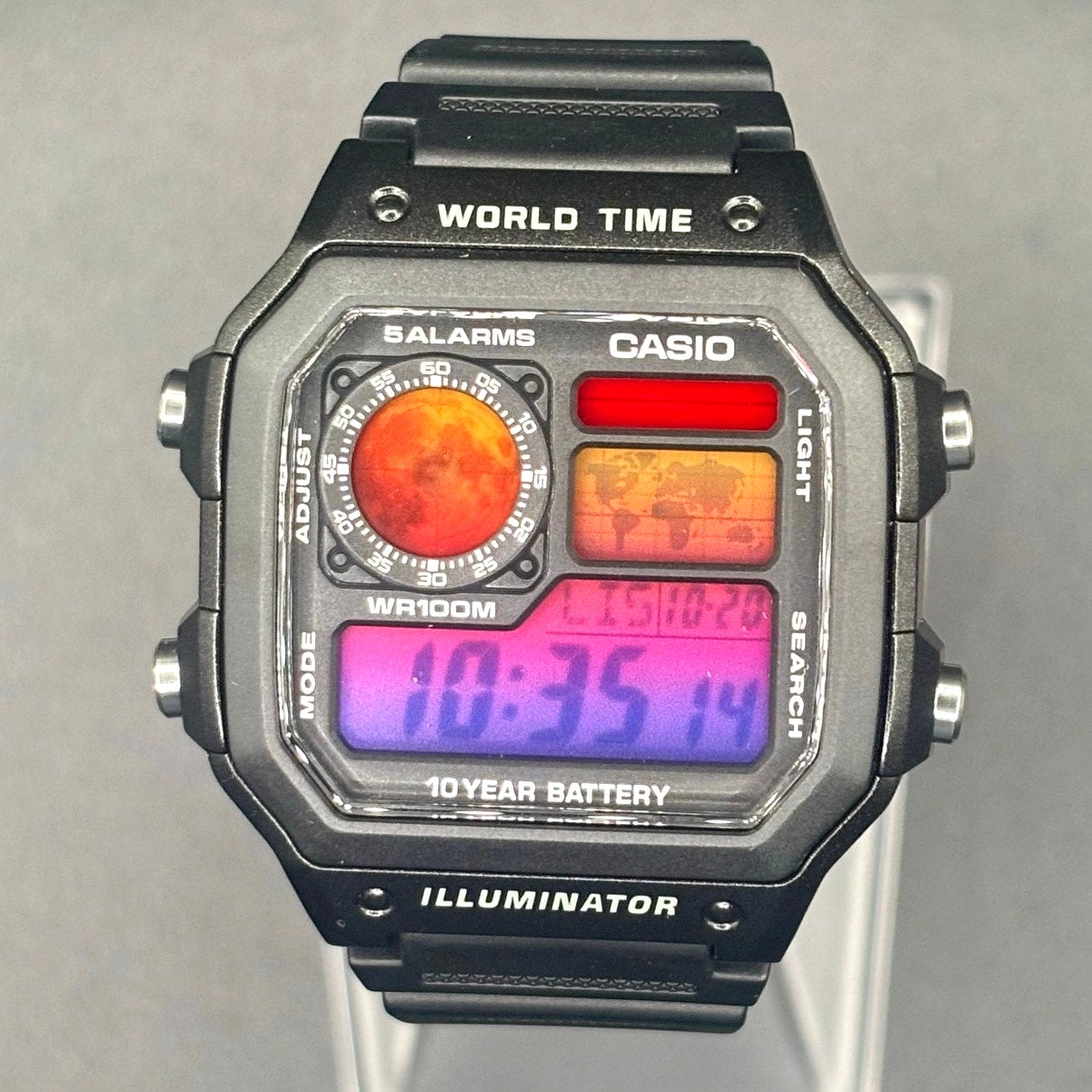 LWS Atlas Red Horizon Custom Casio AE1200 World Time Silicone Bracelet Mod Watch