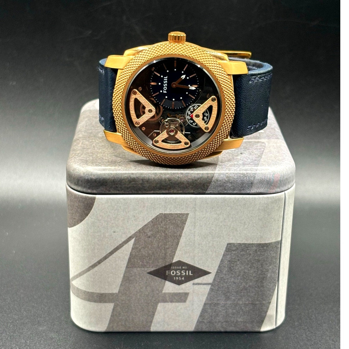 Fossil ME1158 Machine Twist Hybrid Rose Gold Blue Leather Men's Watch 45mm