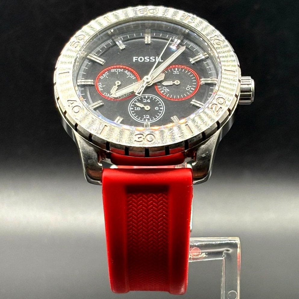 Fossil Kipton BQ1061 Black Dial Red Silicone Strap Multifunction Watch 42mm