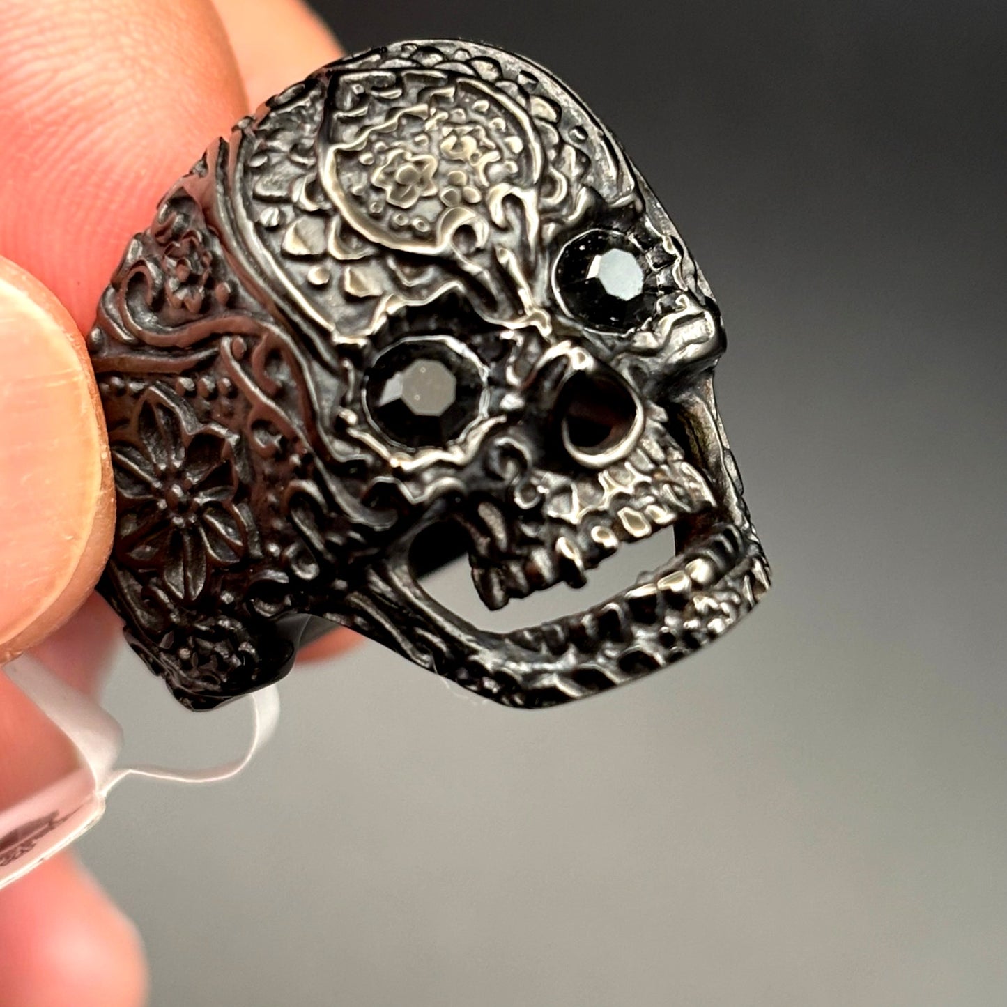 Blackjack BJZ10B Mens Skull Ring Black Stainless Steel with Black CZ Eyes Size10