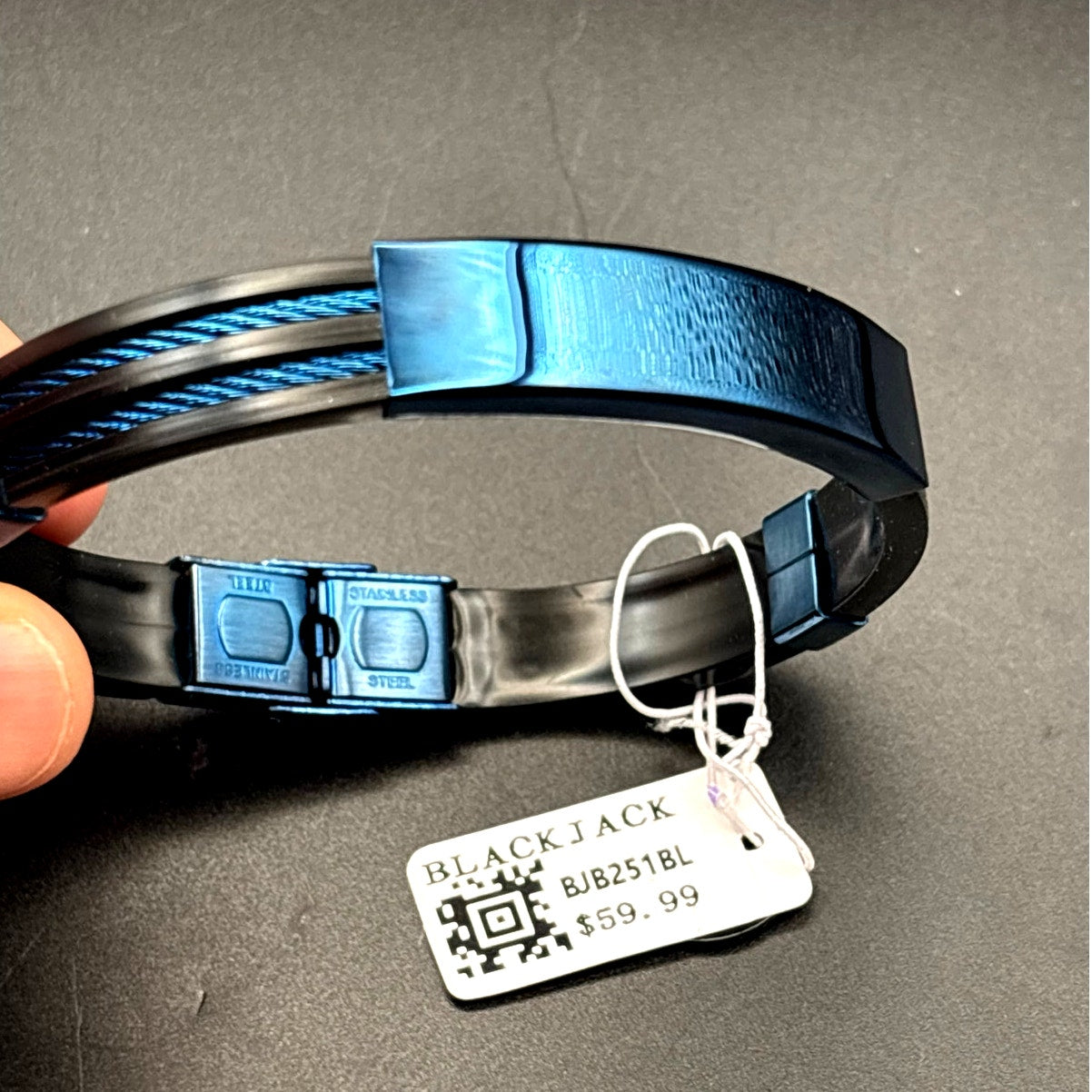 Blackjack BJB251BL Mens Blue Silicone Black Stainless Steel  Bangle ID Bracelet