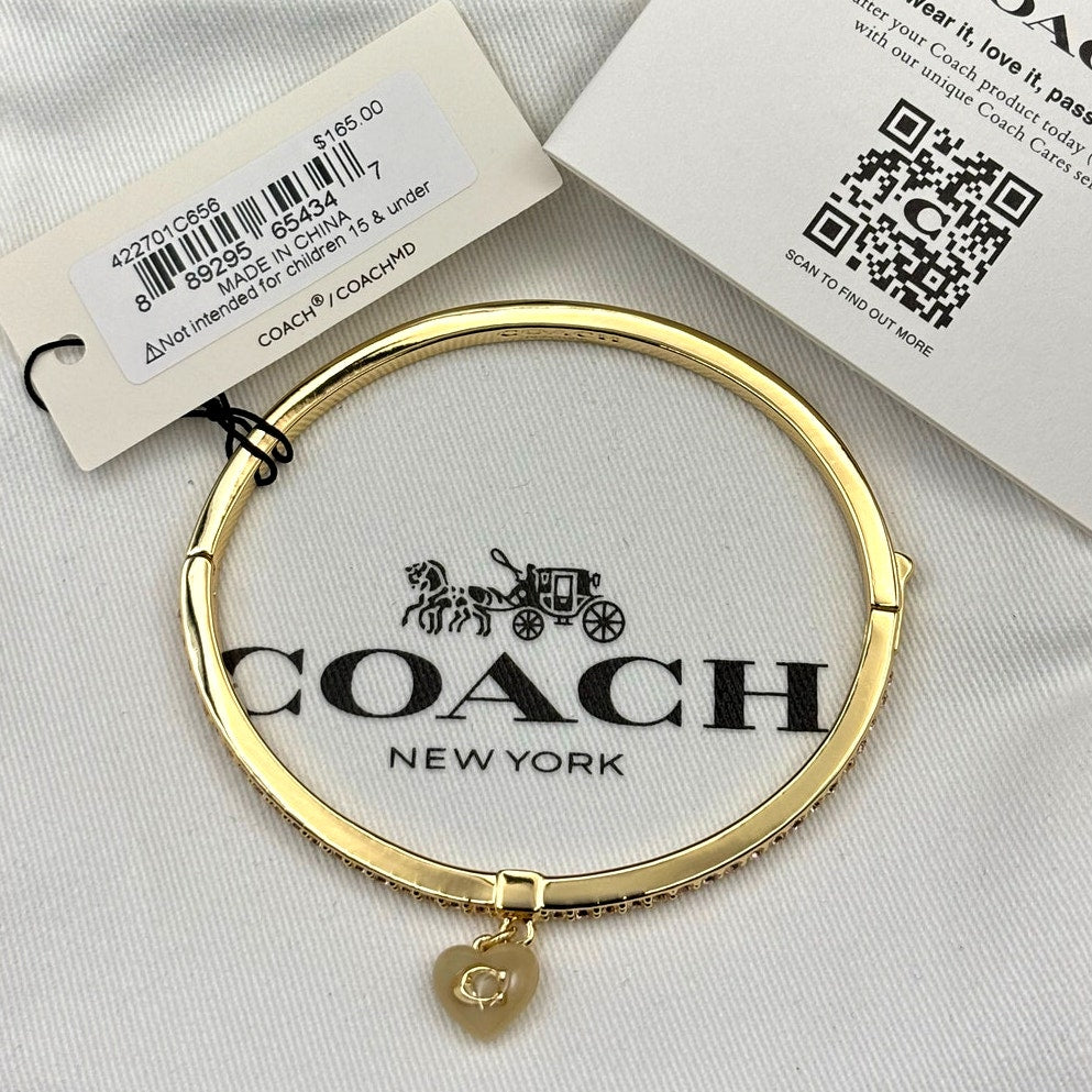 Coach Gold-Tone Stone Heart Charm Bangle Women’s Bracelet NWT Gift Ready