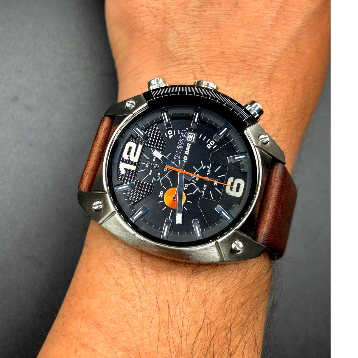 Diesel DZ4204 Men’s Overflow Chronograph Silver Case Brown Leather Watch