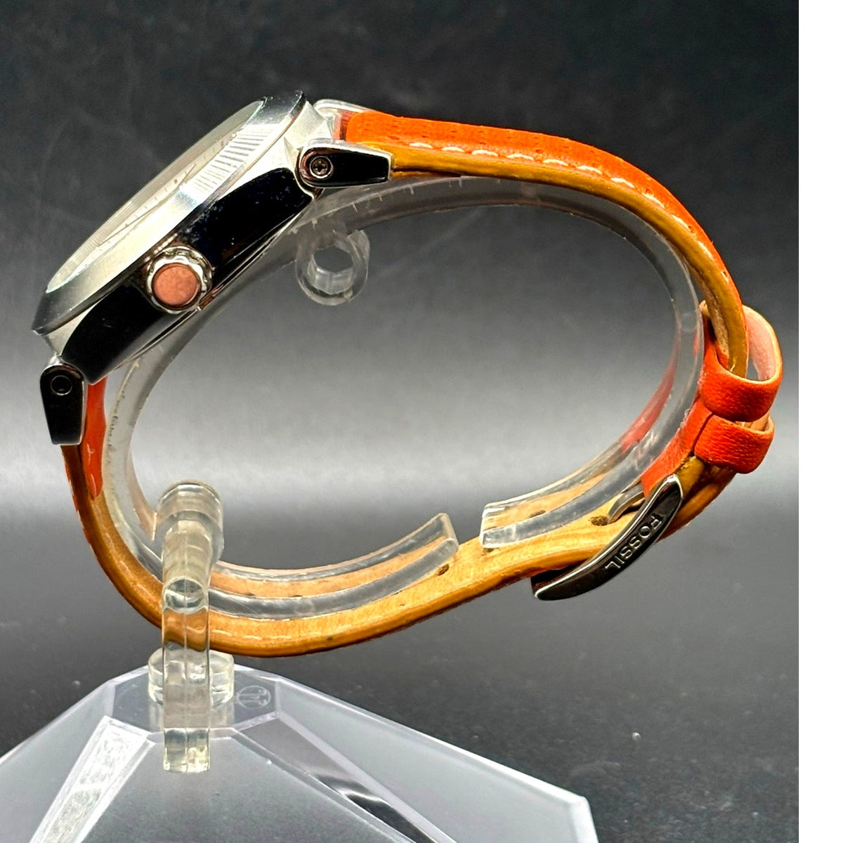 Fossil Boyfriend BQ9355 Multifunction Silver Orange Dial Leather Watch 50M
