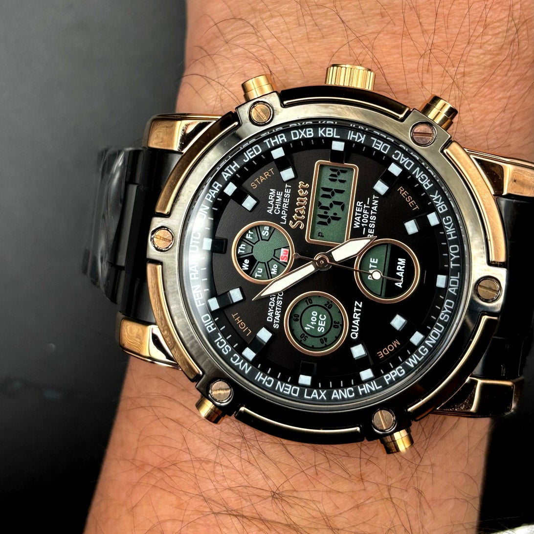 Stauer 52318 Due Volta Chronograph Men's Watch 48mm Rose Gold Black Steel NIB