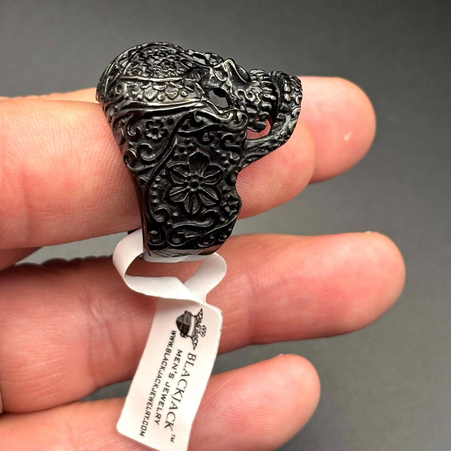 Blackjack BJZ10B Mens Skull Ring Black Stainless Steel with Black CZ Eyes Size10