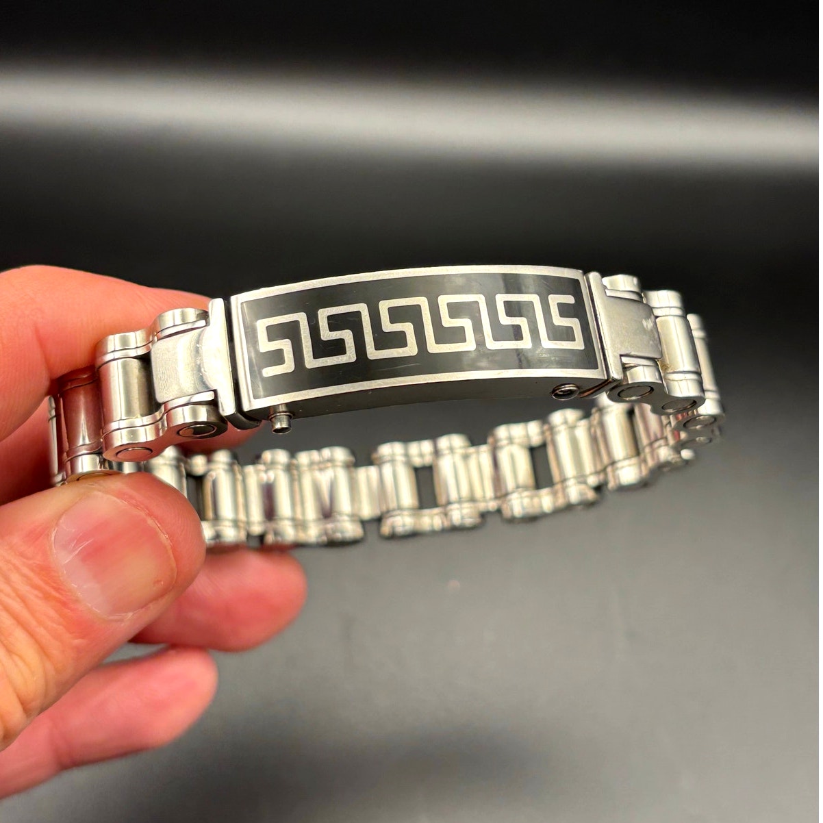 Mens Stainless Steel Chain Bracelet Black Onyx Inlay Greek Key New In Box