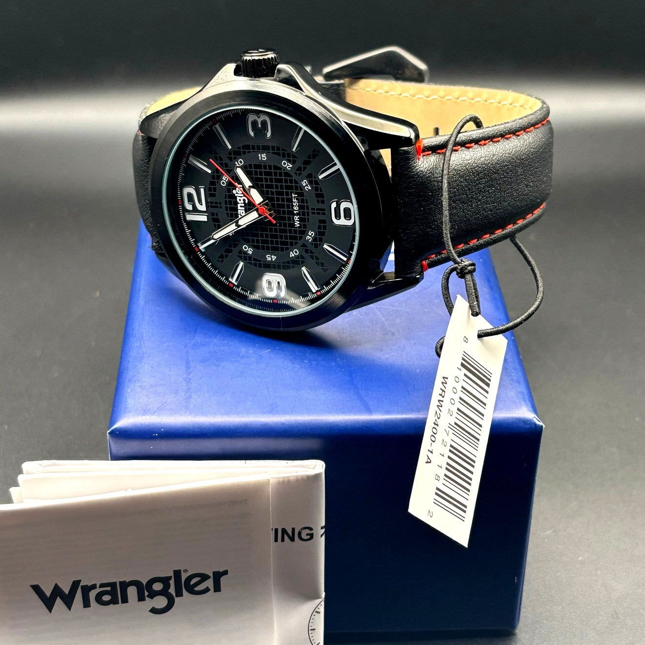 Wrangler WRW2400-1A Mens Black Analog Watch Black Leather Red Stitching Strap