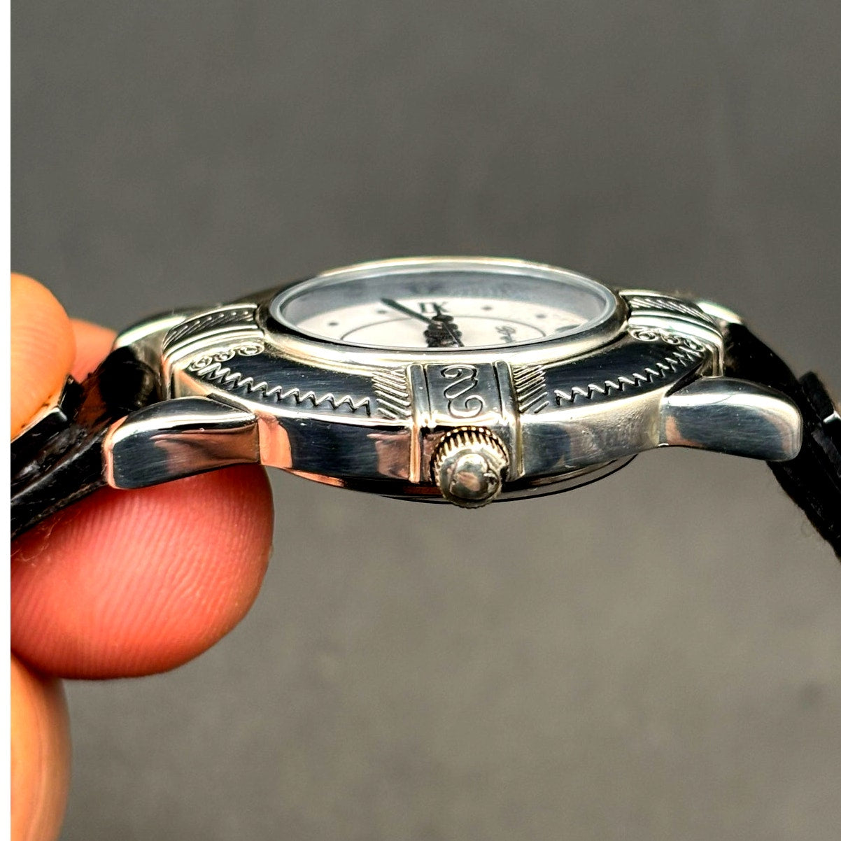 Brighton Moscow Women’s Silver Oval Black Italian Leather Vintage Watch NIB