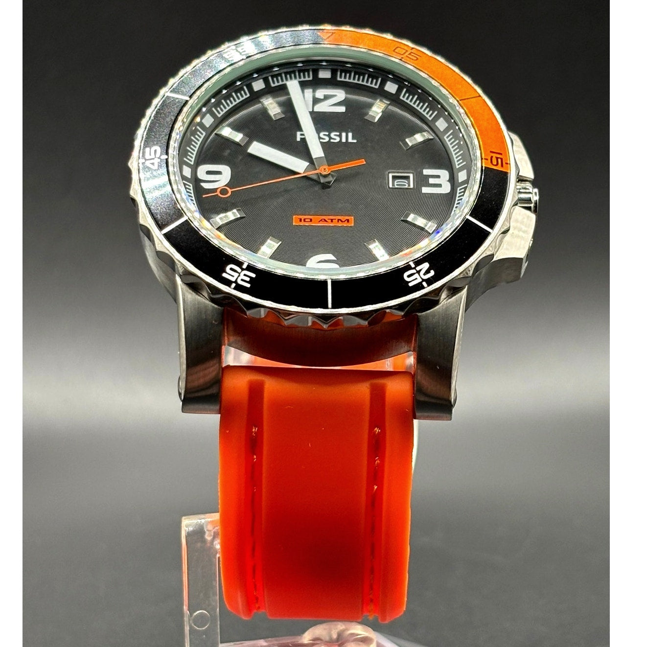 Fossil Sport AM4259 Dive Style Orange Silicone Strap Men’s Watch 46mm 10 ATM NIB