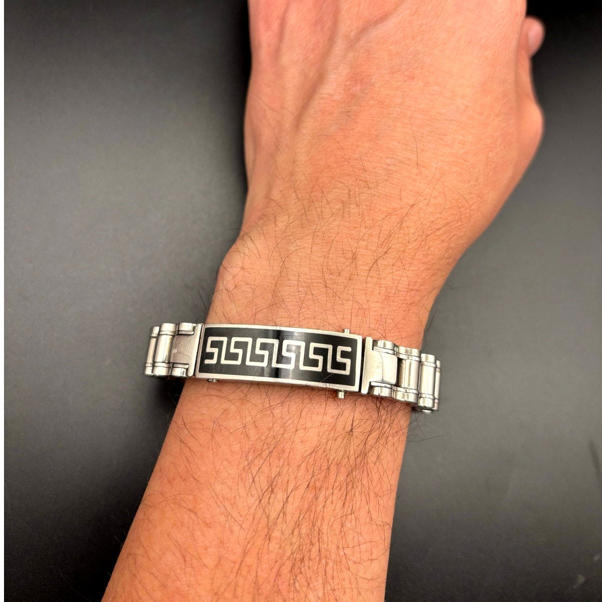 Mens Stainless Steel Chain Bracelet Black Onyx Inlay Greek Key New In Box