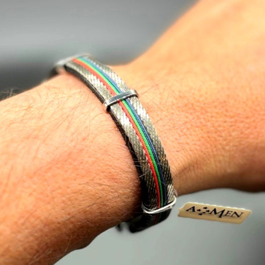 AMEN Italian Stainless Steel Cable Men's Bracelet Leather Red Green Blue NWT