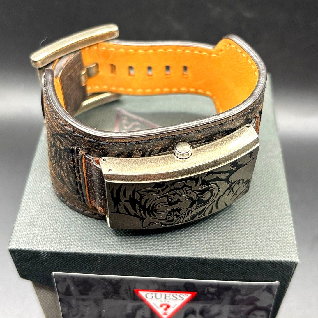 Vintage GUESS G55342L Armored Tiger Leather Cuff Flip Cover Y2K Watch