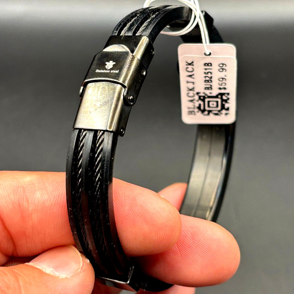 Blackjack BJB251B Men's Black Silicone Stainless Steel Bangle ID Bracelet NWT