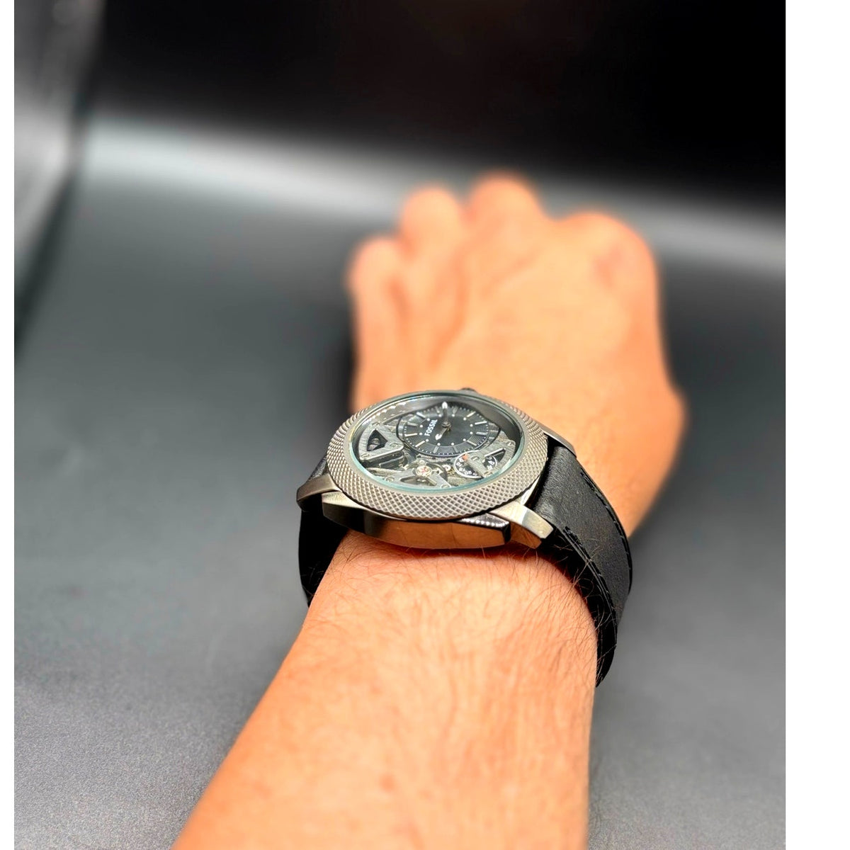 Fossil ME1129 Machine Twist Hybrid Smoke Gray Black Leather Men's Watch 45mm