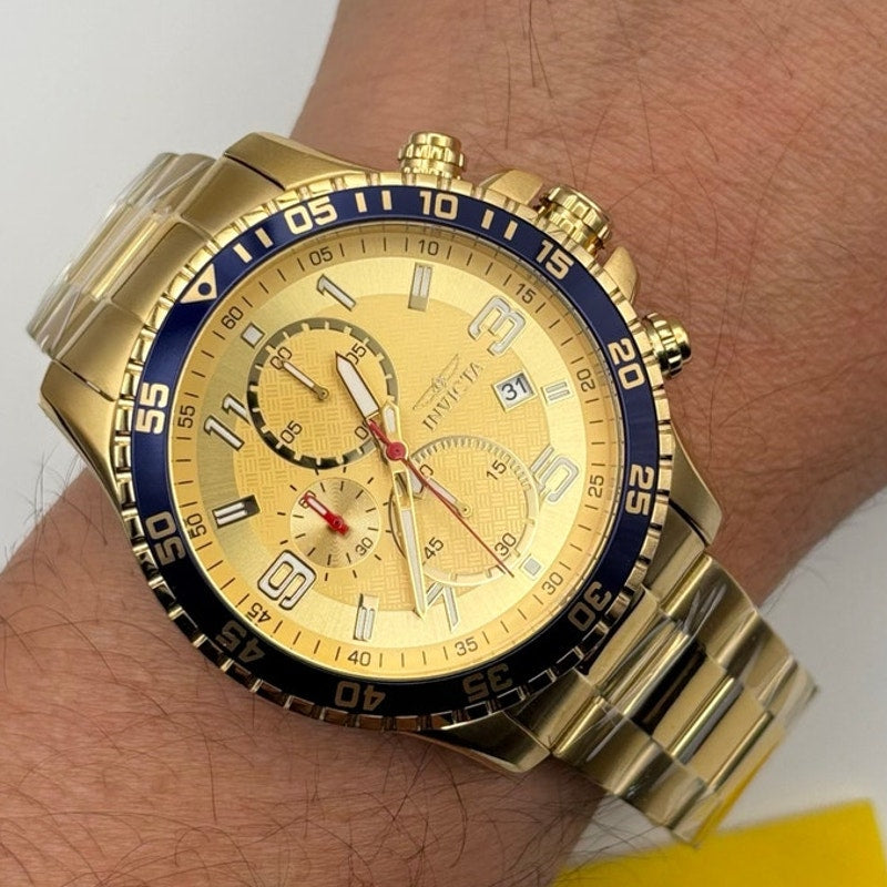 Invicta Specialty 49095 Mens Chronograph 45mm Gold Stainless Steel Blue Bezel