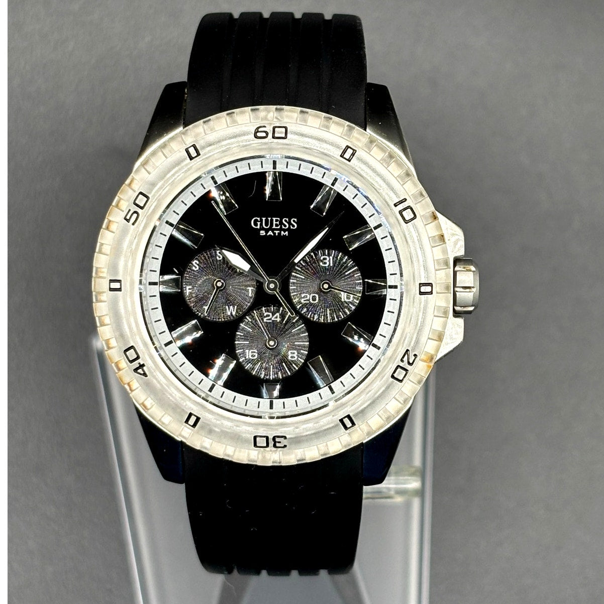 GUESS W85027G3 Men's Multifunction Clear Bezel Black Silicone Strap 44mm Watch