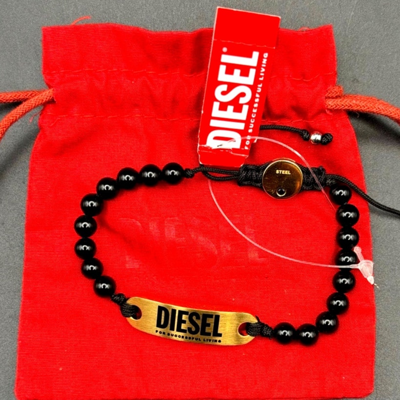 Diesel DX1360710 Men’s Black Bead Gold Tone ID Adjustable Bracelet NIBWT