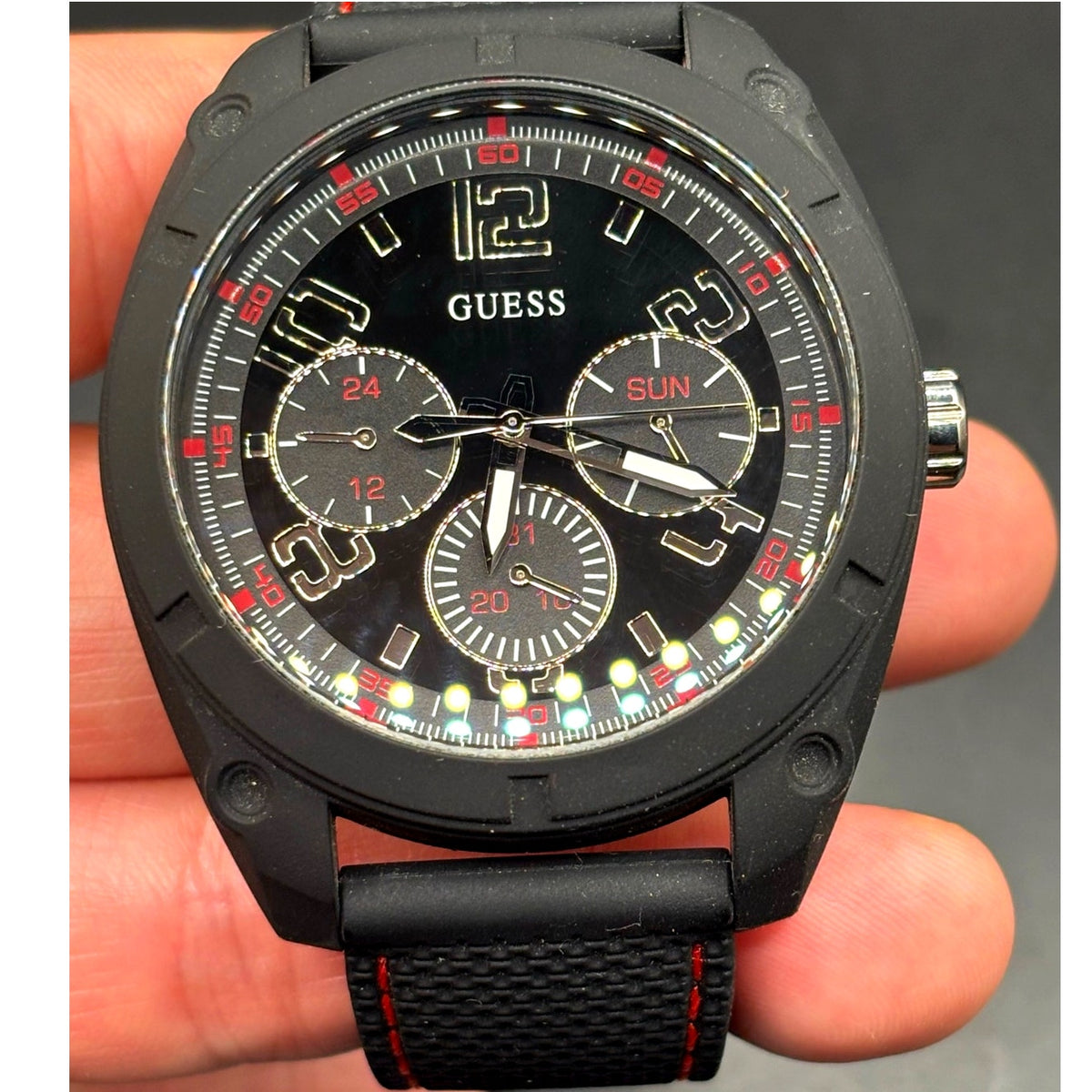 Guess Dash W1256G1 Men’s 46mm Black Multifunction Quartz Watch Red Accents