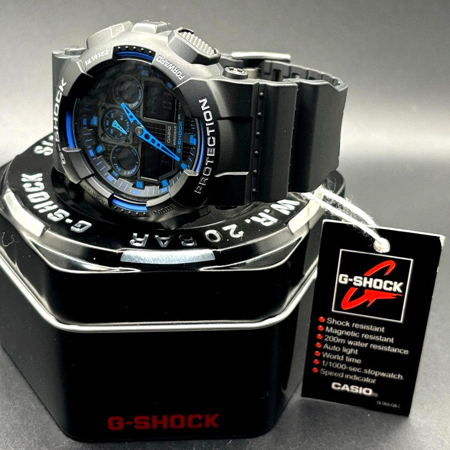 Casio G-Shock GA100-1A2 Men's Black Blue Analog Digital 51mm Watch NIBWT