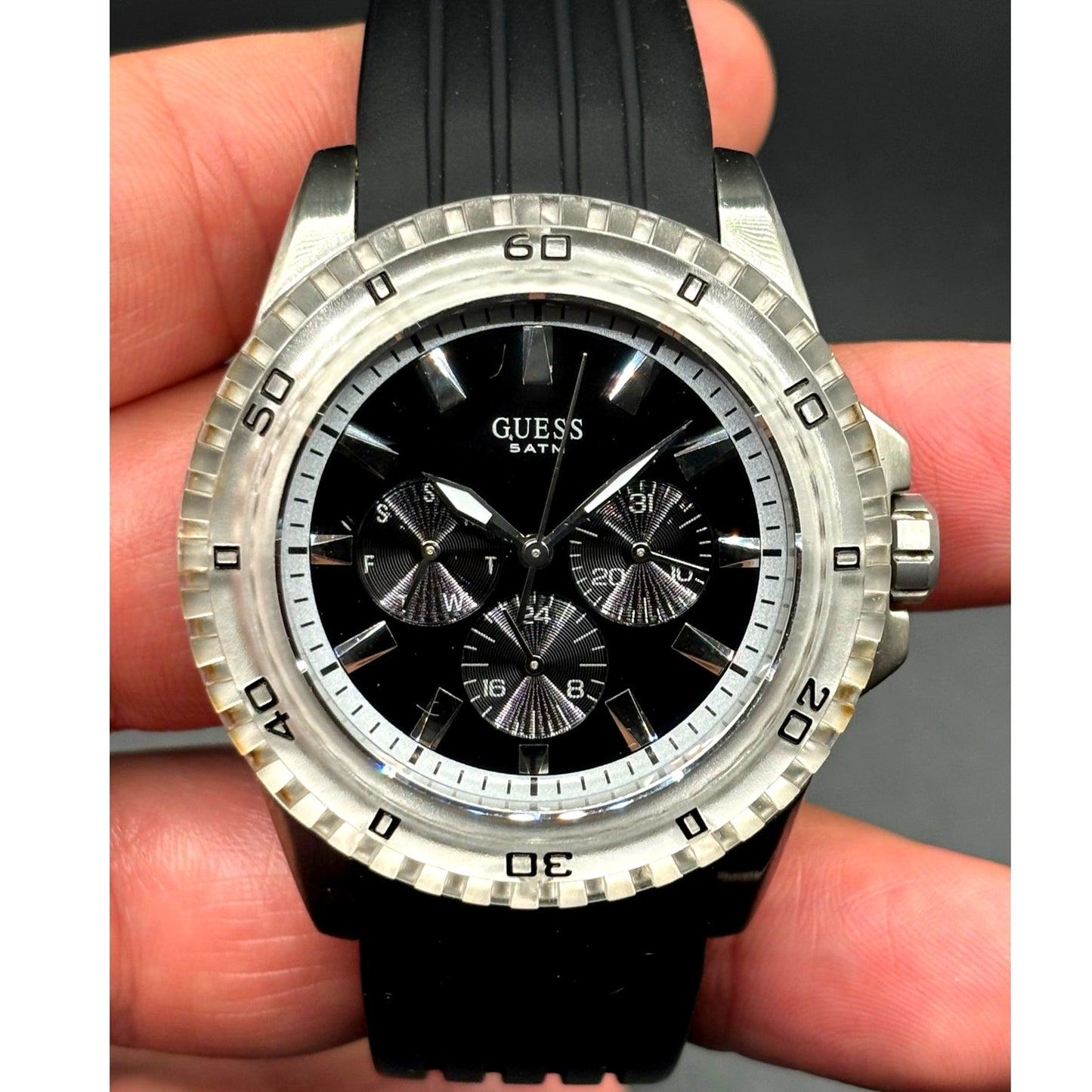 GUESS W85027G3 Men's Multifunction Clear Bezel Black Silicone Strap 44mm Watch