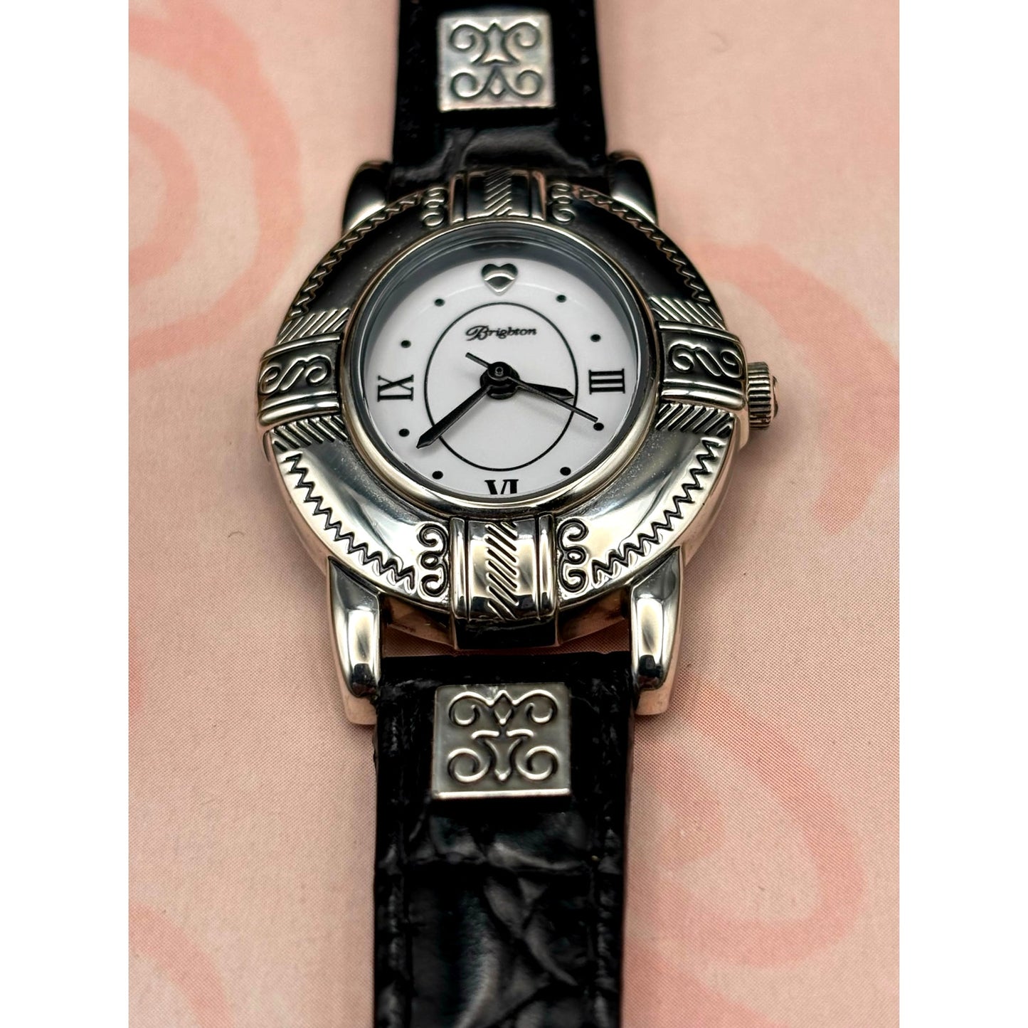 Brighton Moscow Women’s Silver Oval Black Italian Leather Vintage Watch NIB