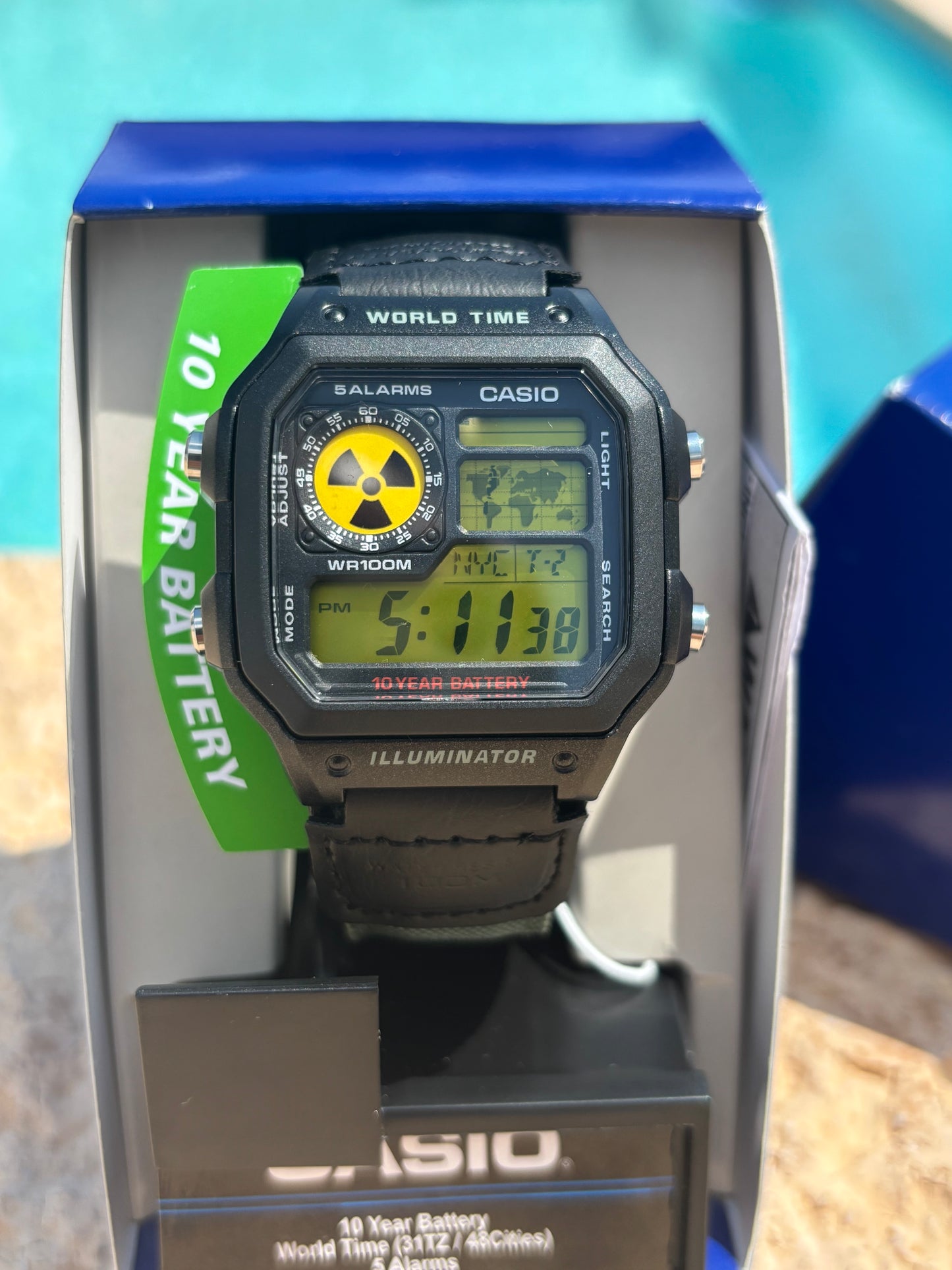 Modded Casio AE1200WH-1A “Nuclear Edition” – Green Nylon Strap, Gel Filter & Atomic Symbol Display