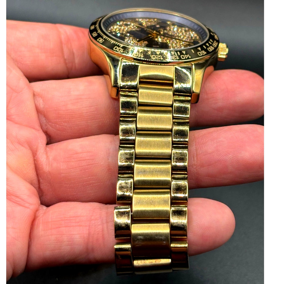 Michael Kors Layton MK6243 Gold Tone Blue Crystal Pave Globe Watch 44mm