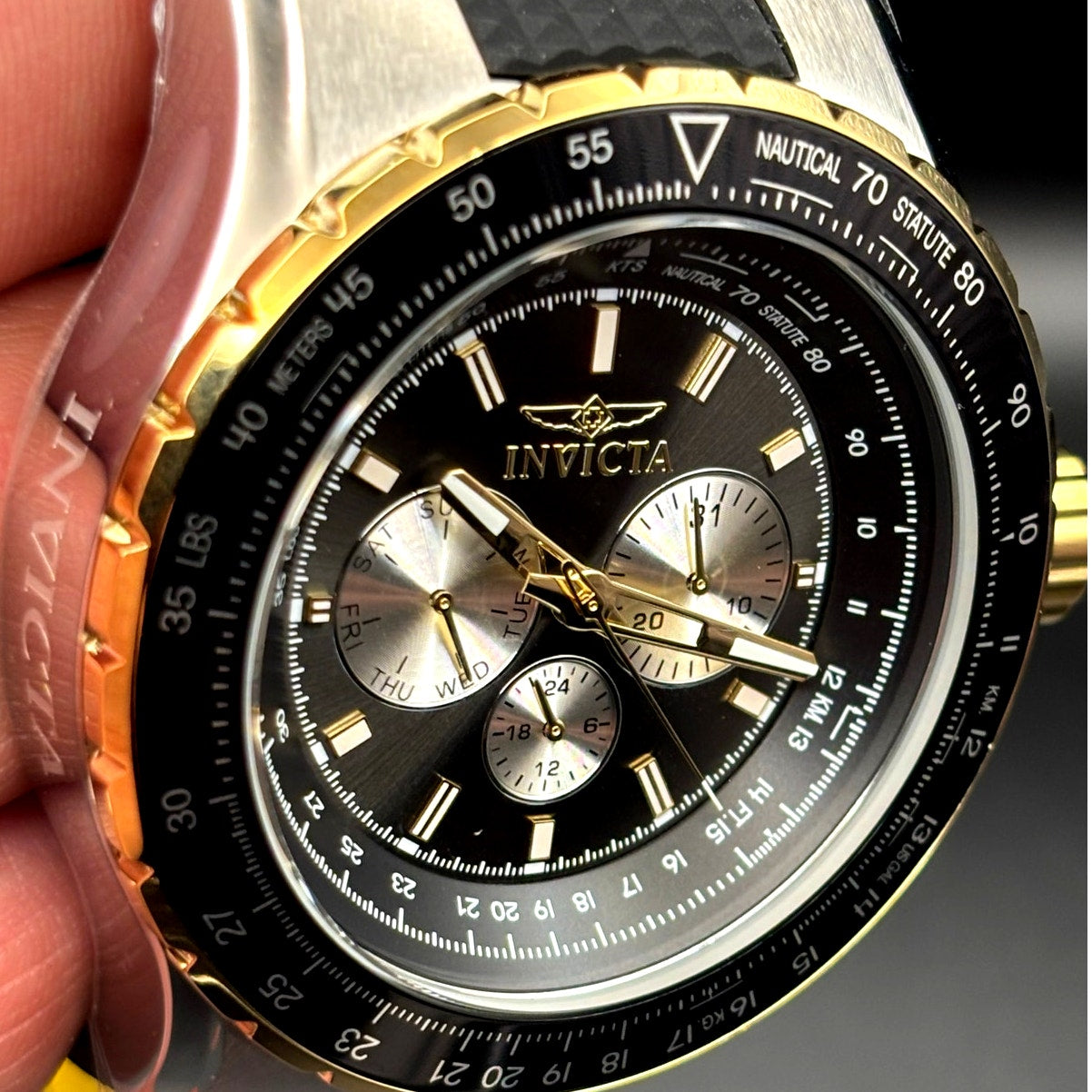 Invicta 33029 Aviator Skyshock Men’s Black Dial Gold Bezel Silicone Watch NIBWT