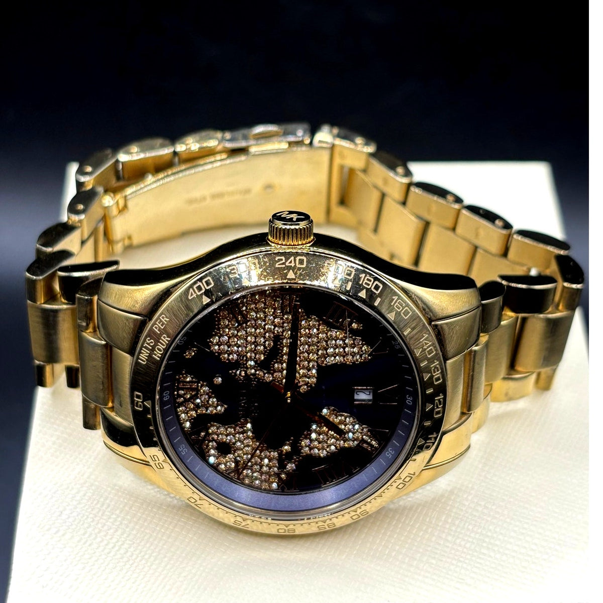 Michael Kors Layton MK6243 Gold Tone Blue Crystal Pave Globe Watch 44mm