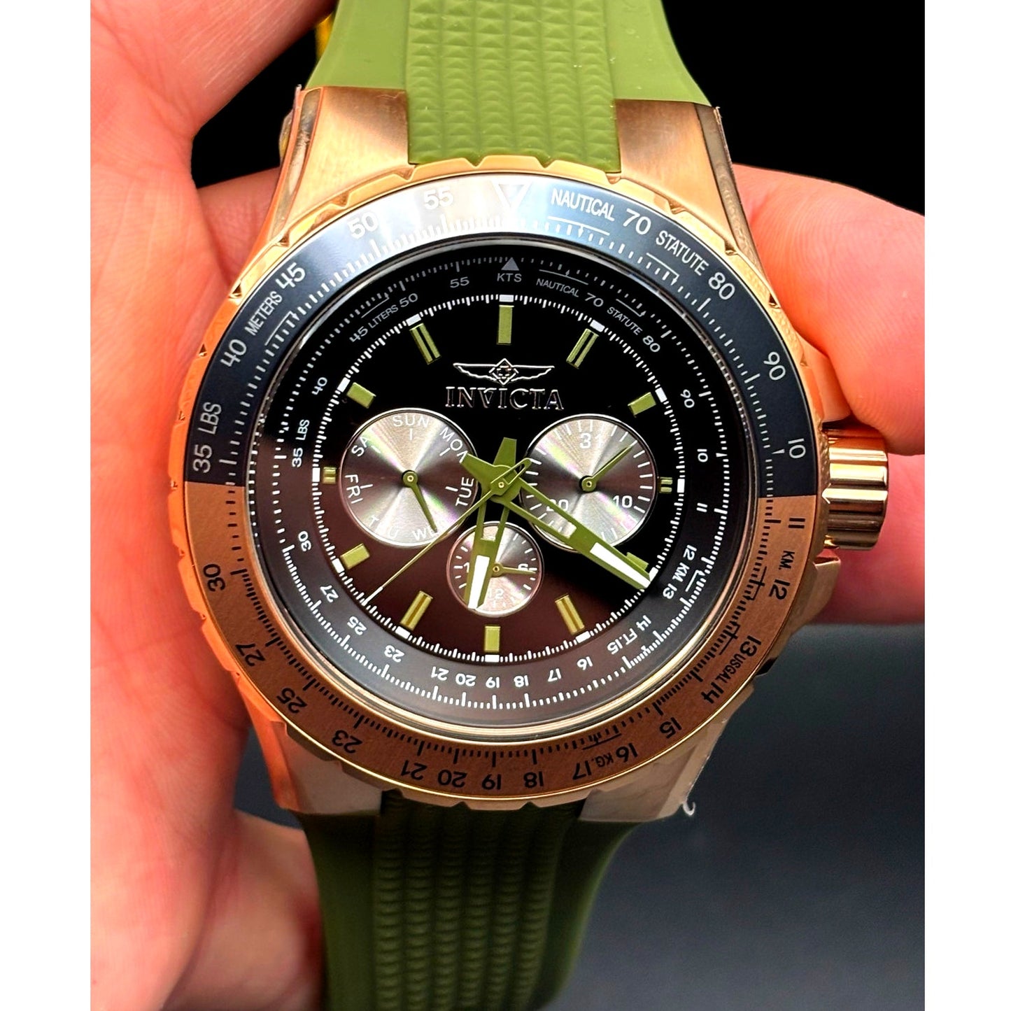 Invicta Aviator Skyshock 39311 50mm Men's Gold Green Silicone Strap Watch NIBWT