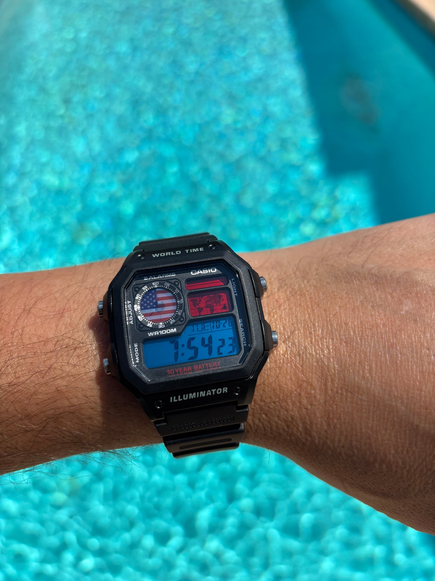 Custom Casio AE-1200 “World Time” – USA Flag Mod with Original Resin Strap