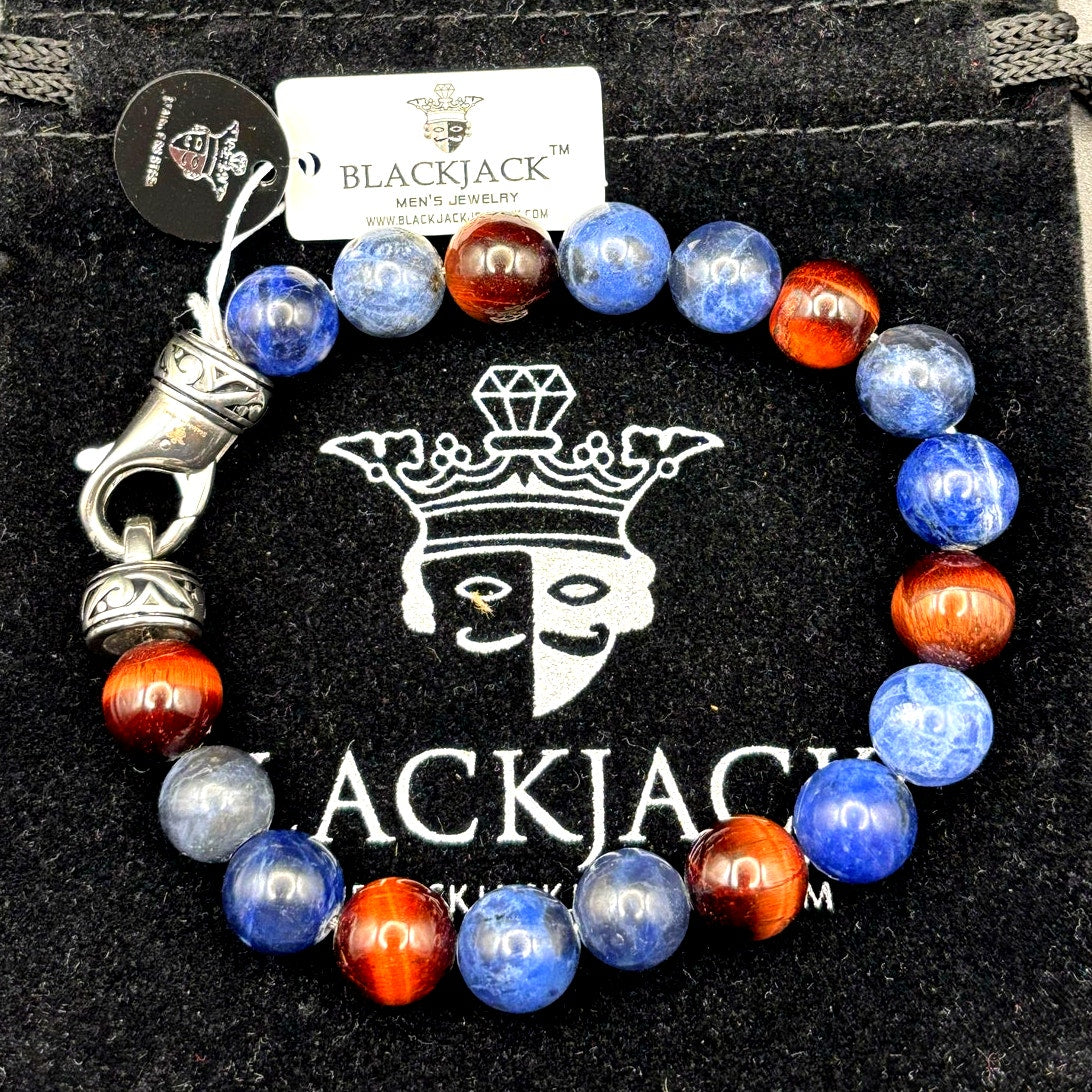 Blackjack BJS16BLS Men’s10mm Sodalite And Red Tiger Eye Beaded Bracelet NIBWT