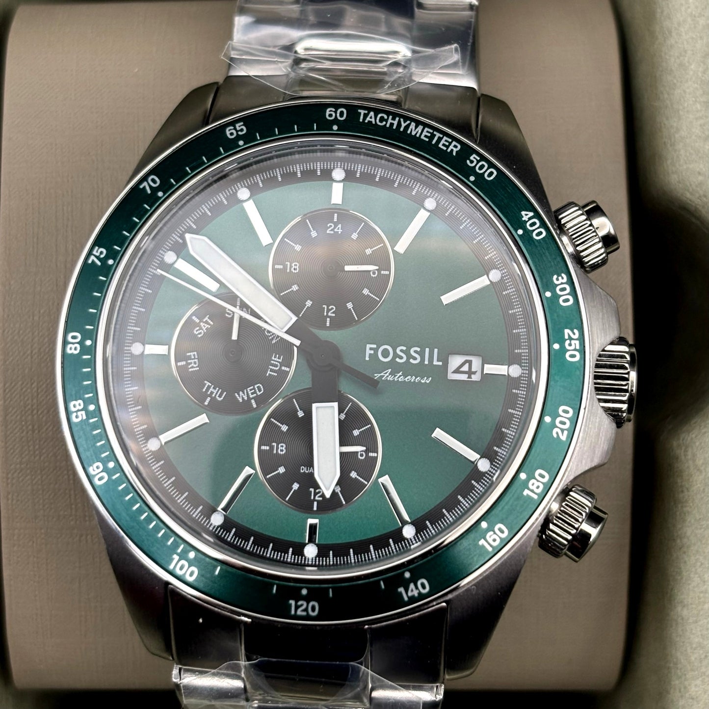 Fossil Autocross BQ2878 Mens Multifunction Green Sunray Dial Watch NIBWT