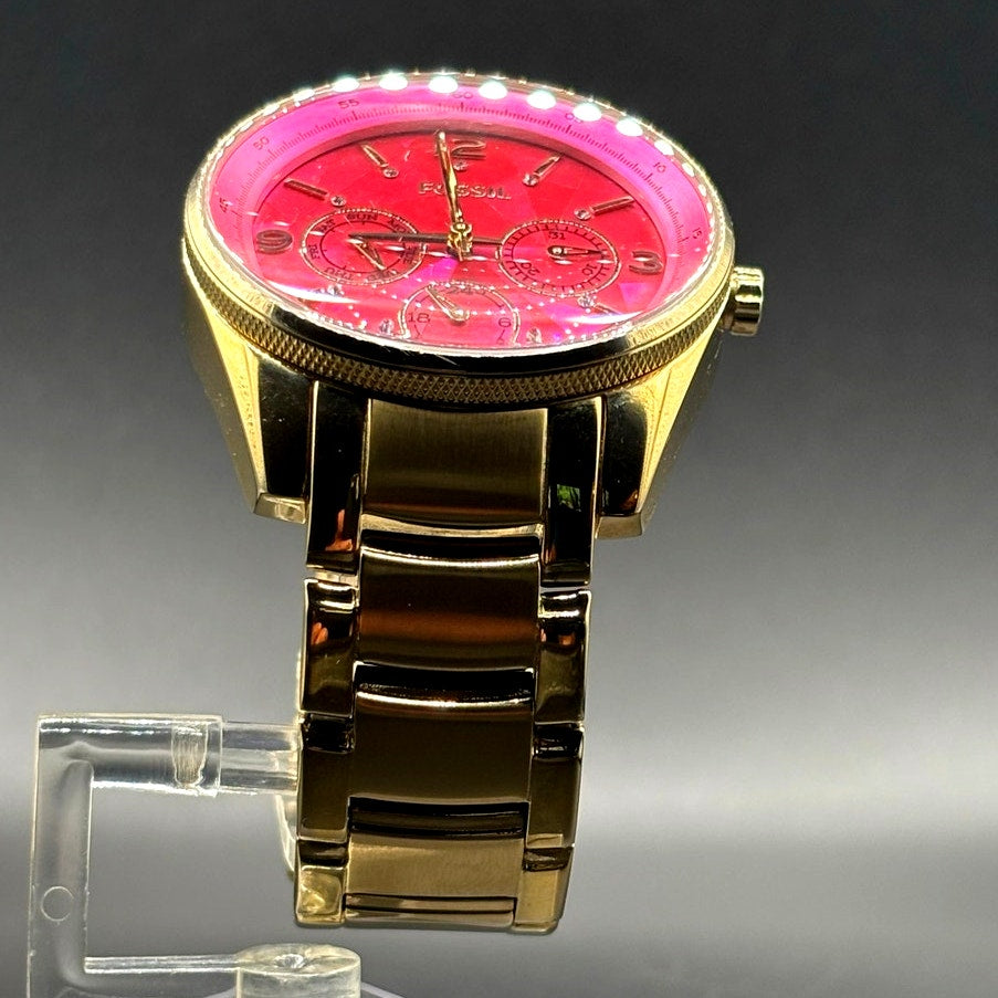 FOSSIL BQ1682 Stella Collection Hot Pink Dial Golden Bracelet Women's Watch