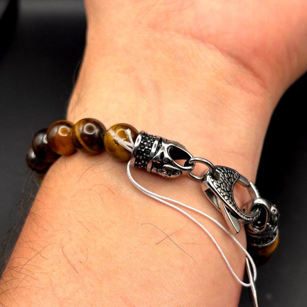 Blackjack BJS16BTE Men's Genuine 10mm Tiger Eye Stainless Steel Beaded Bracelet