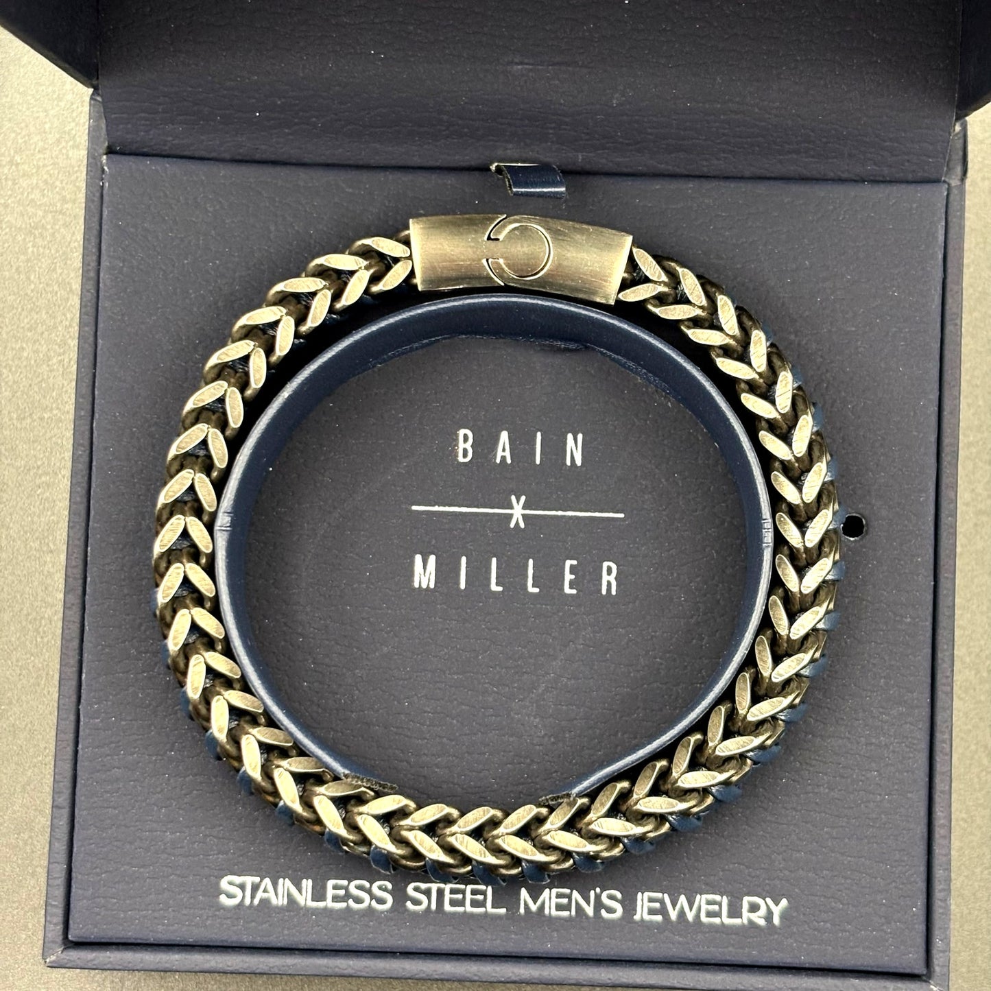 Bain Miller Mens Stainless Steel Blue Leather Woven Bracelet Slide Lock Clasp